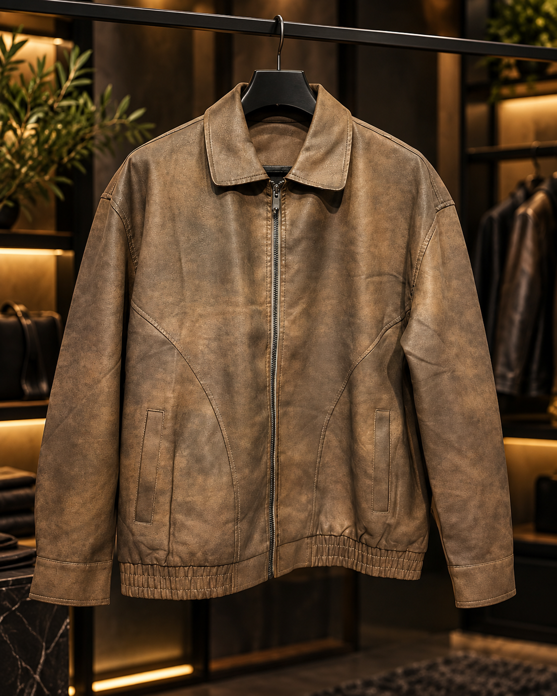 Men’s Vintage Brown Leather-Look Zip Jacket