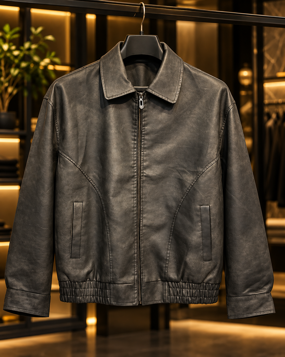 Men’s Black Leather-Look Bomber Jacket
