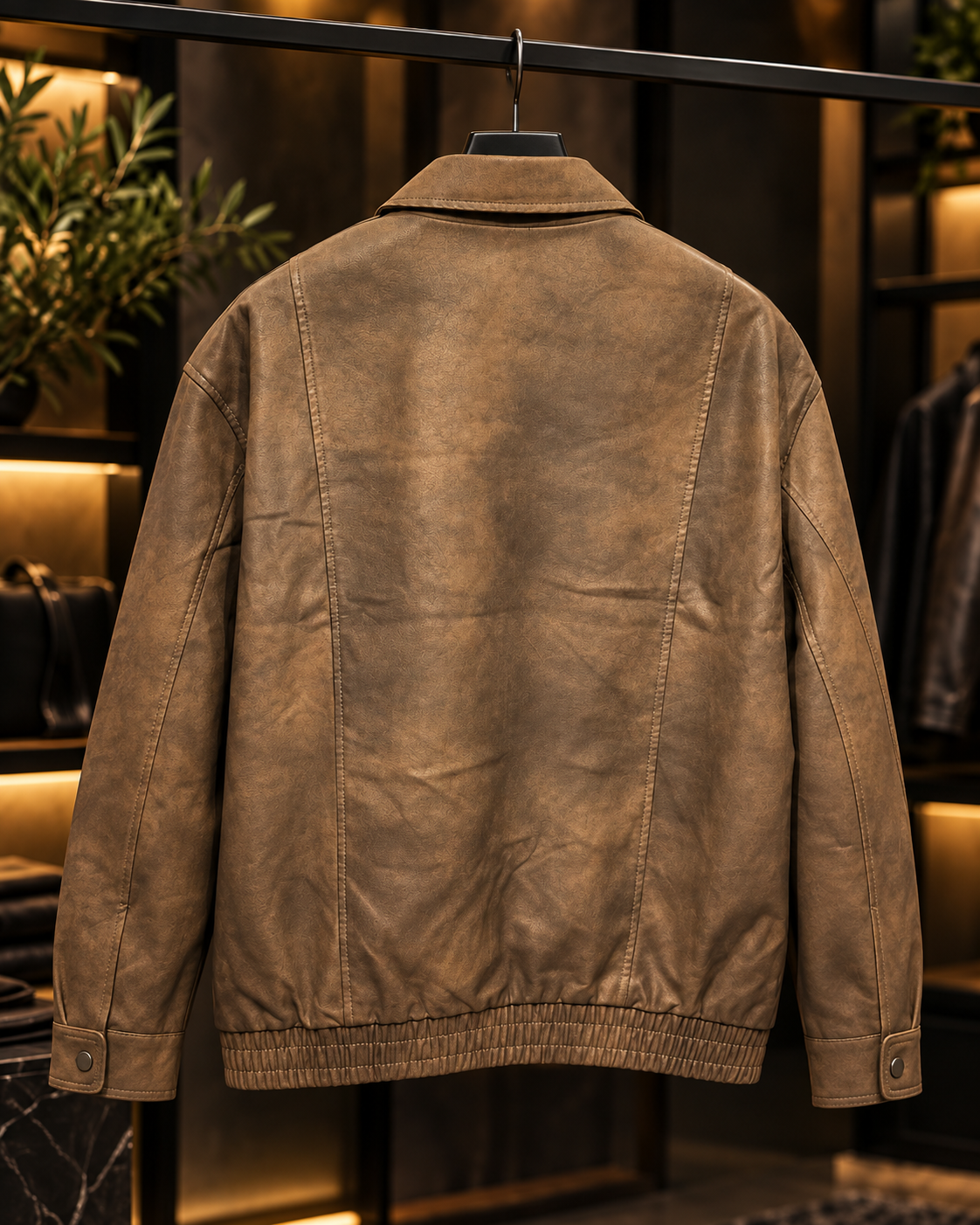 Men’s Vintage Brown Leather-Look Zip Jacket