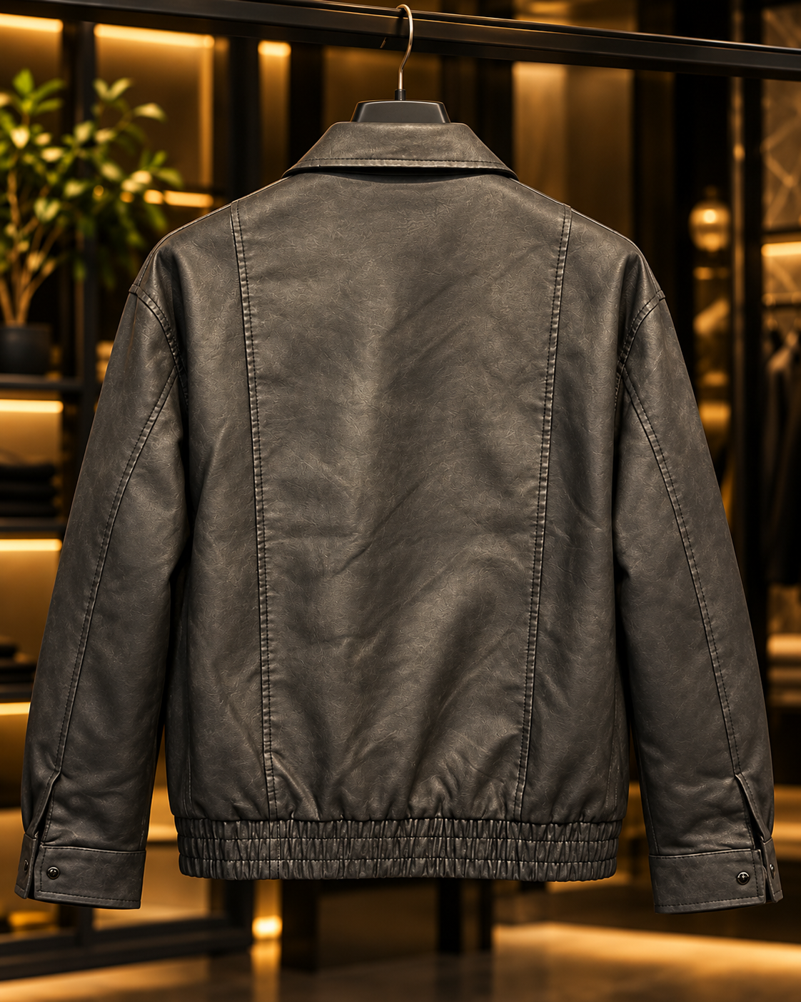 Men’s Black Leather-Look Bomber Jacket