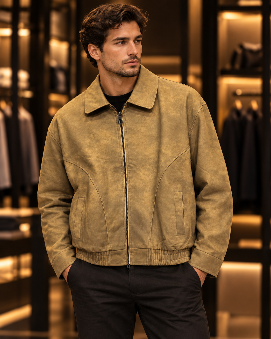 Men’s Camel Brown Leather-Look Zip Jacket