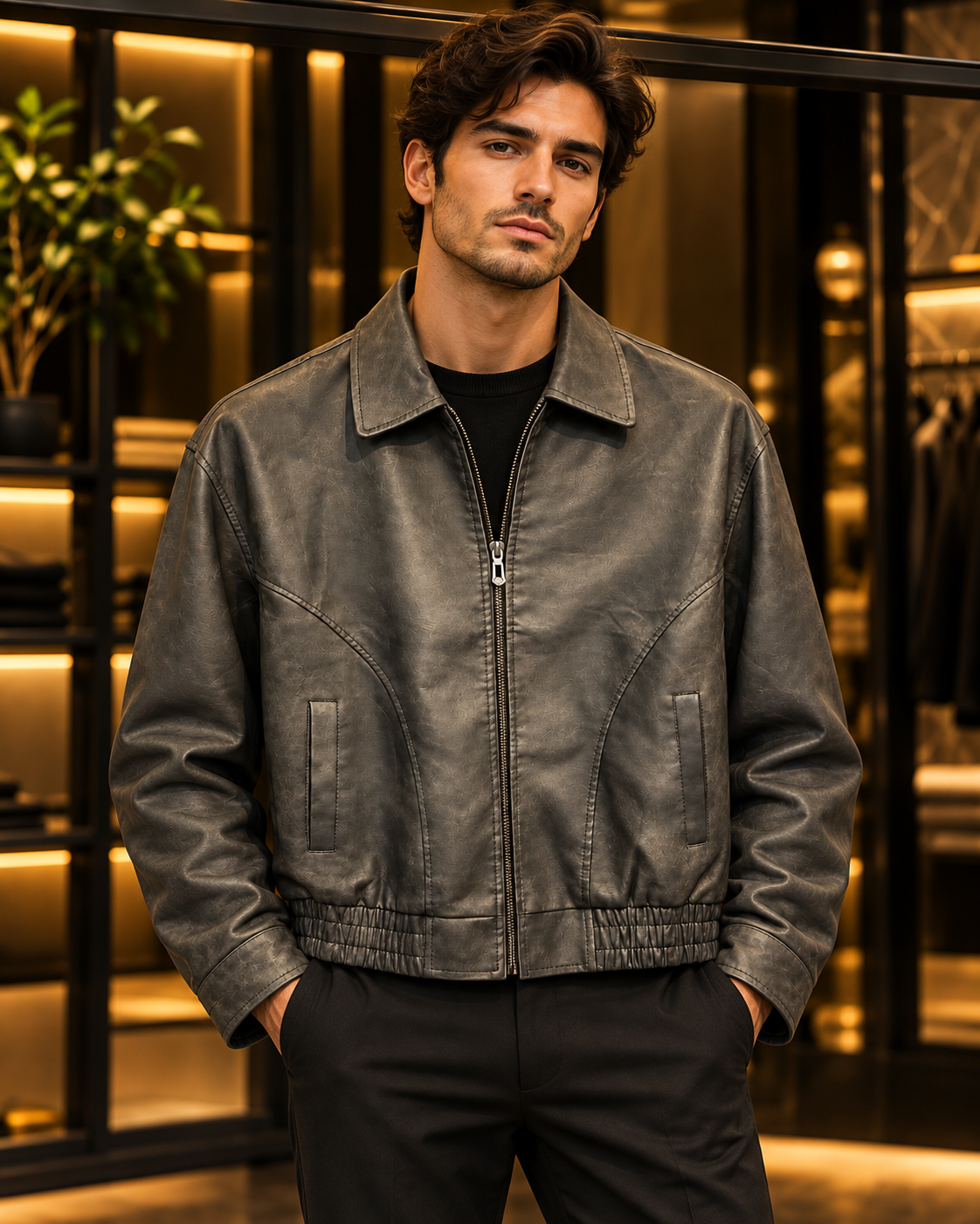 Men’s Black Leather-Look Bomber Jacket