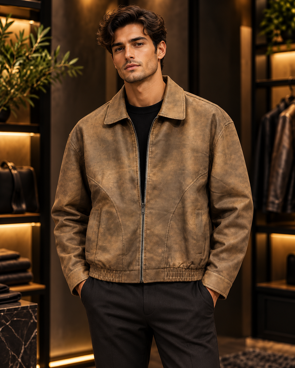 Men’s Vintage Brown Leather-Look Zip Jacket