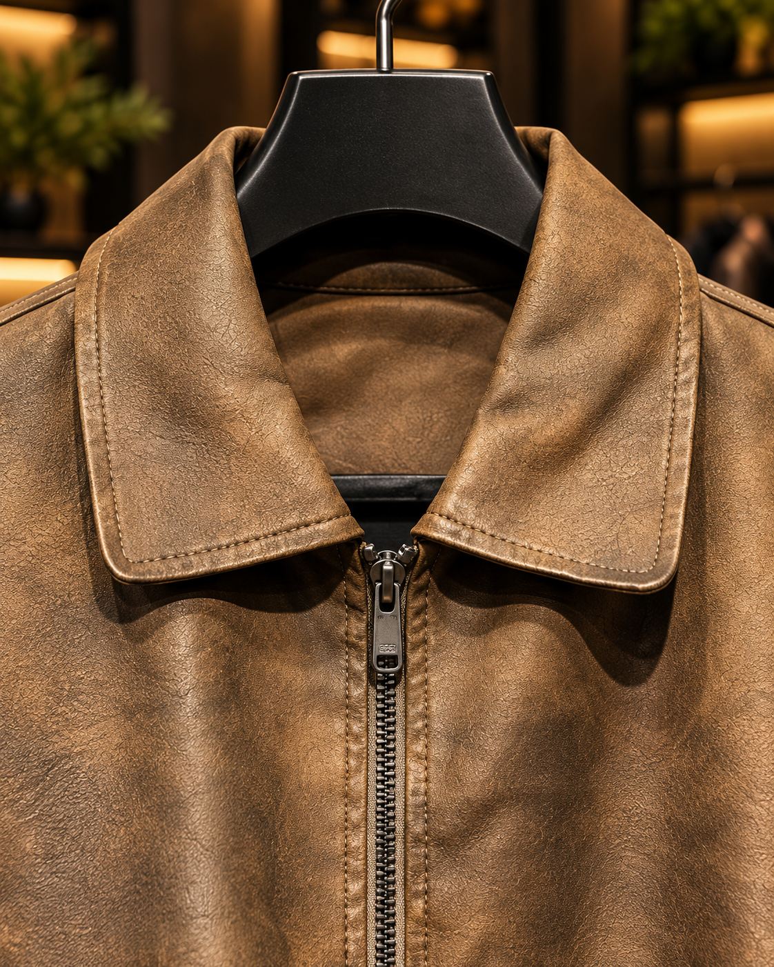 Men’s Vintage Brown Leather-Look Zip Jacket