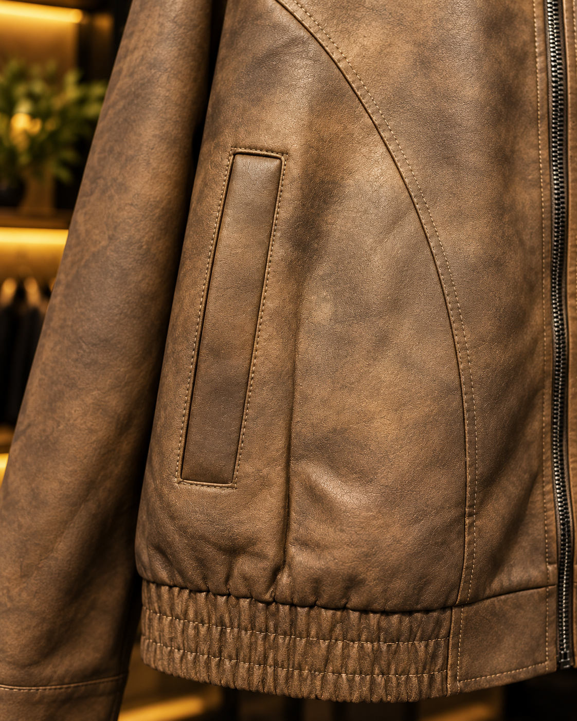 Men’s Vintage Brown Leather-Look Zip Jacket