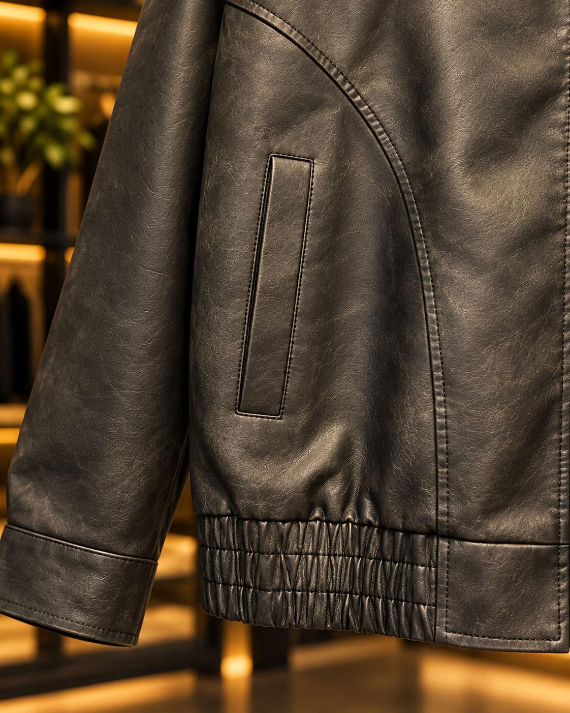 Men’s Black Leather-Look Bomber Jacket
