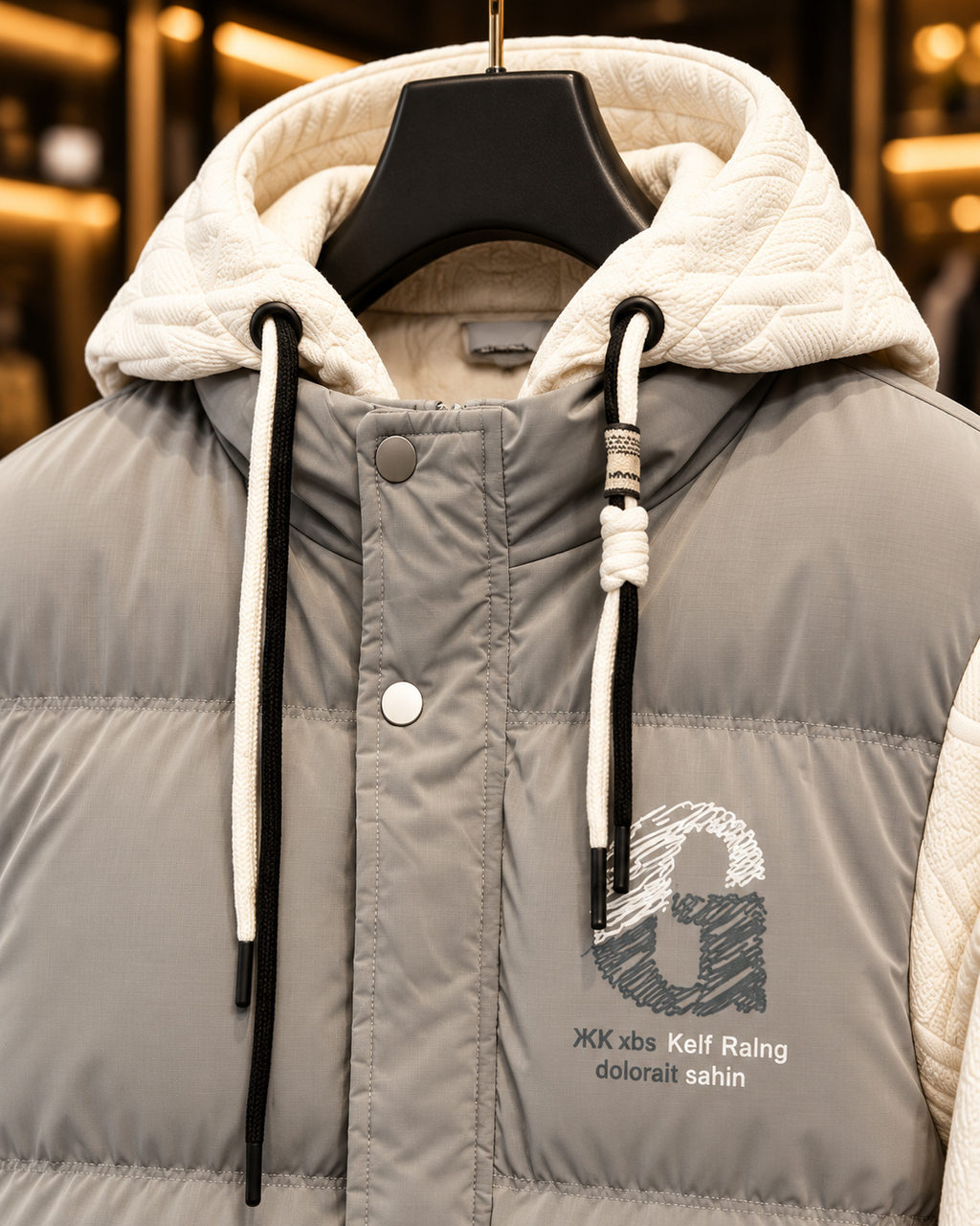 Men’s Light Grey & Cream Hooded Puffer Jacket