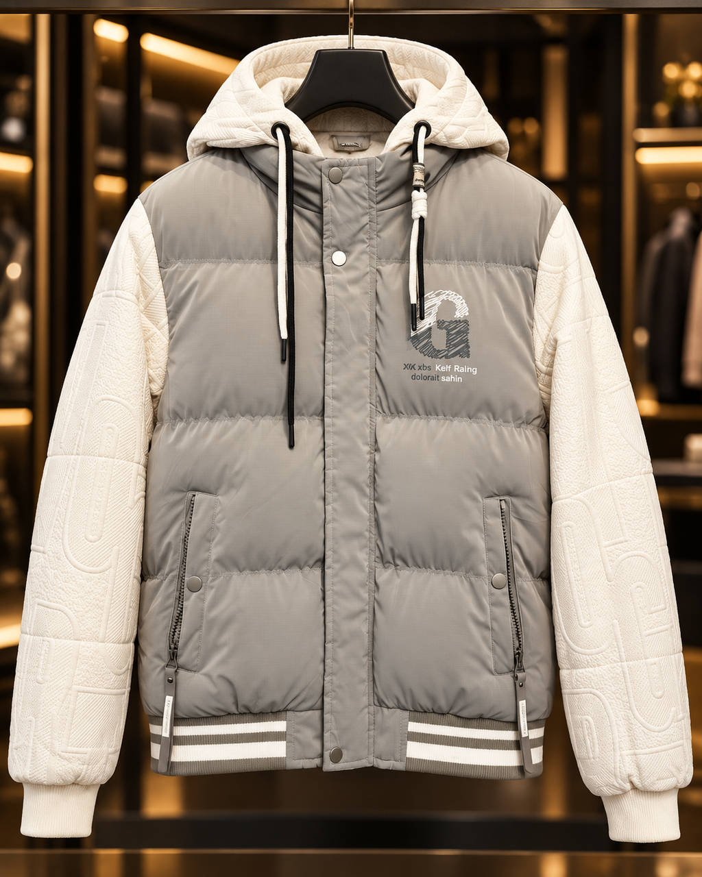 Men’s Light Grey & Cream Hooded Puffer Jacket