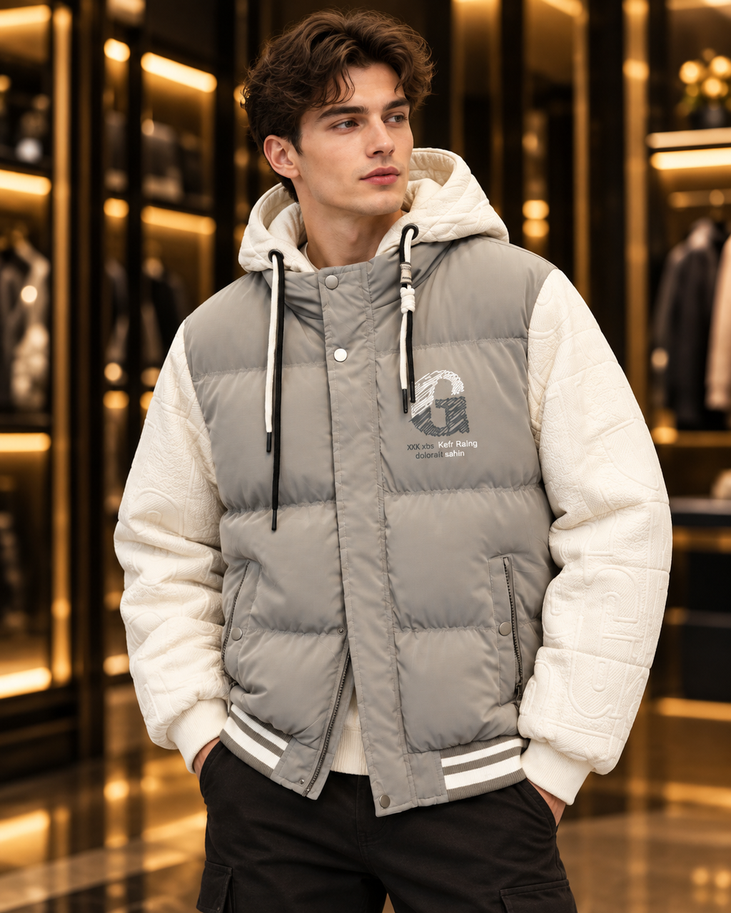 Men’s Light Grey & Cream Hooded Puffer Jacket