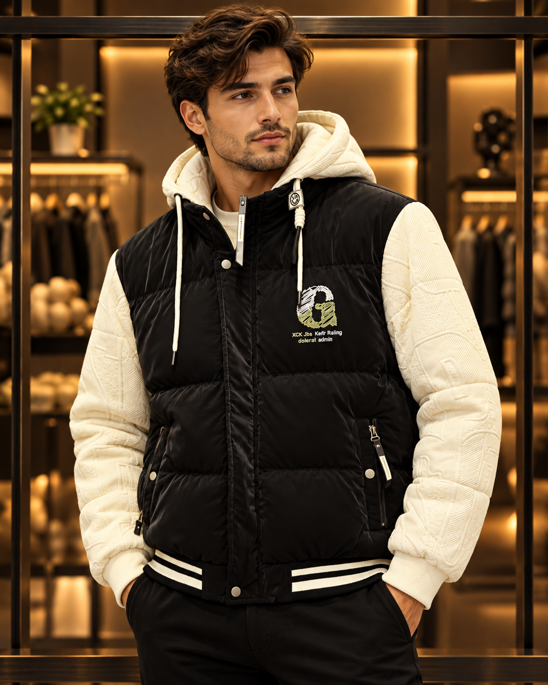 Men’s Black & Cream Hooded Puffer Jacket