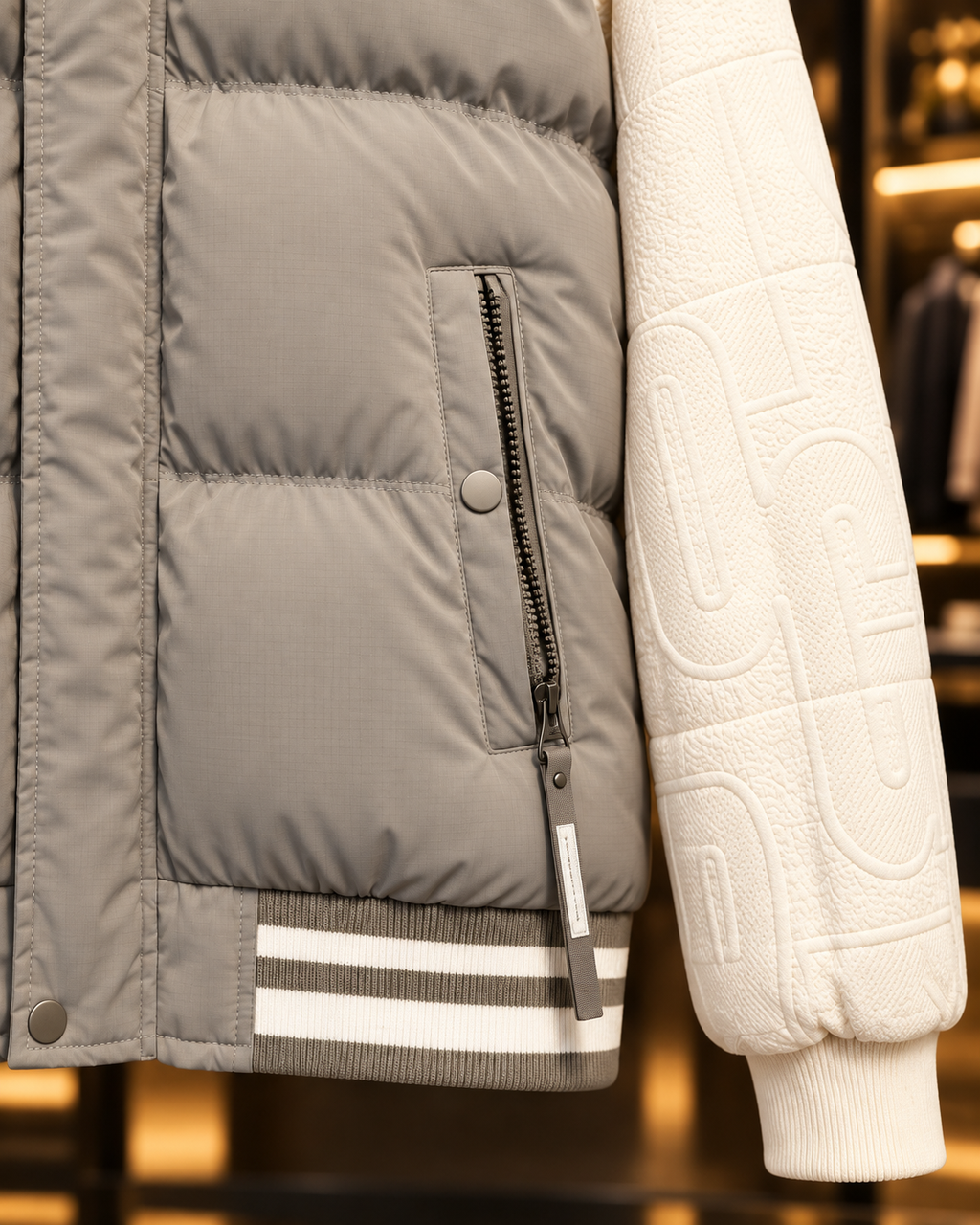 Men’s Light Grey & Cream Hooded Puffer Jacket