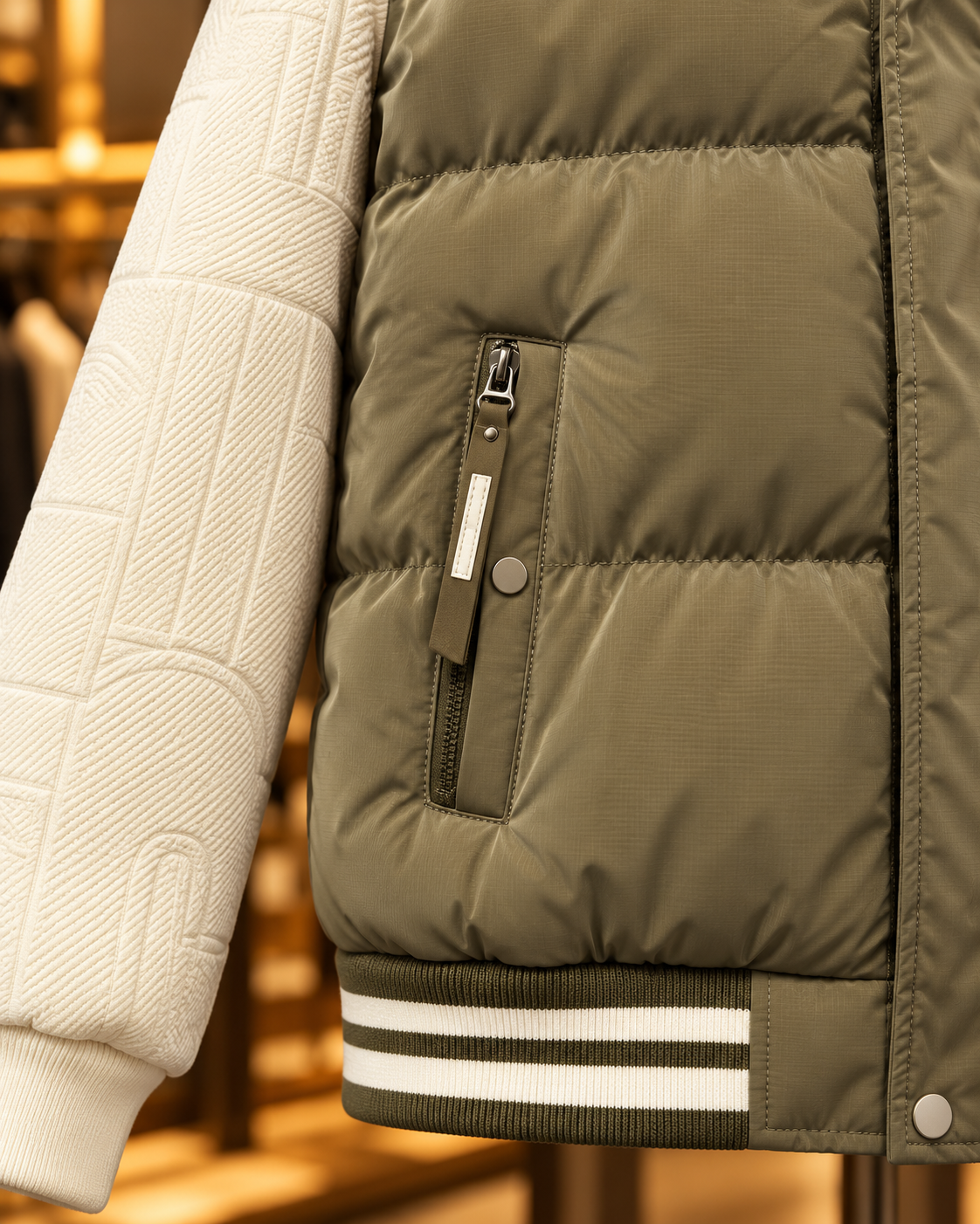 Men’s Olive Khaki & Cream Puffer Jacket