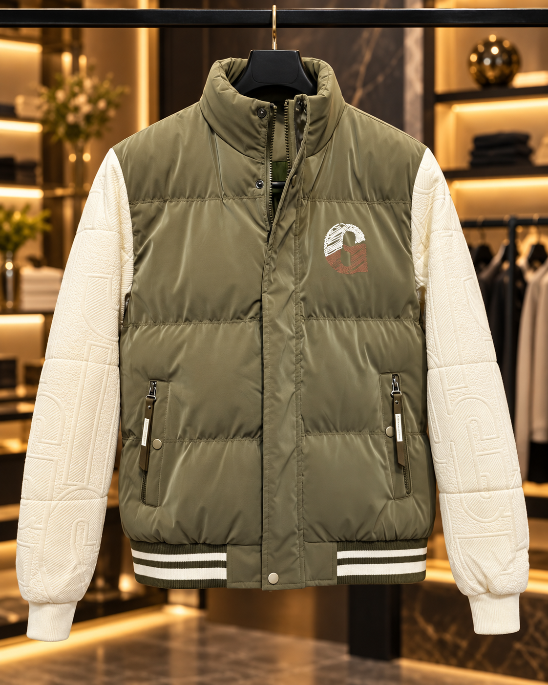 Men’s Olive Khaki & Cream Puffer Jacket