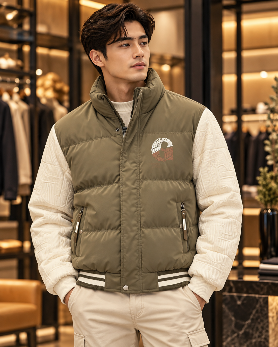 Men’s Olive Khaki & Cream Puffer Jacket