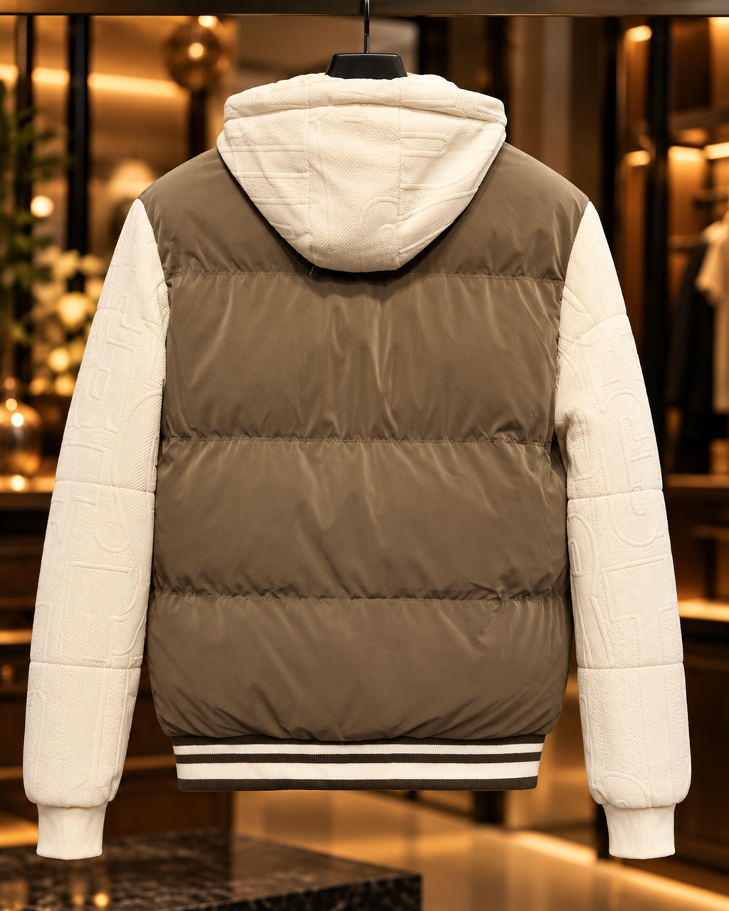 Men’s Taupe & Cream Hooded Puffer Jacket