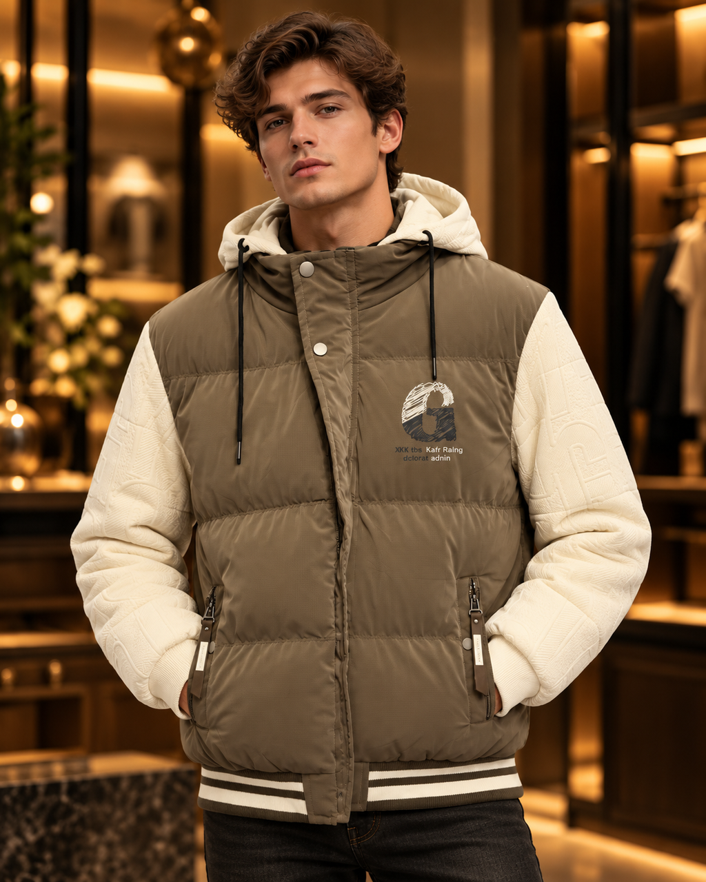 Men’s Taupe & Cream Hooded Puffer Jacket