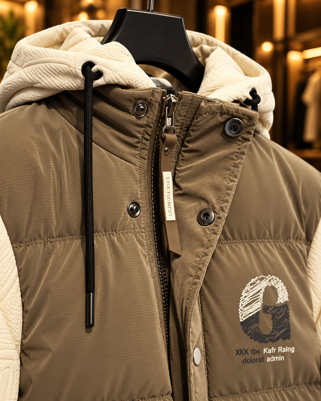 Men’s Taupe & Cream Hooded Puffer Jacket