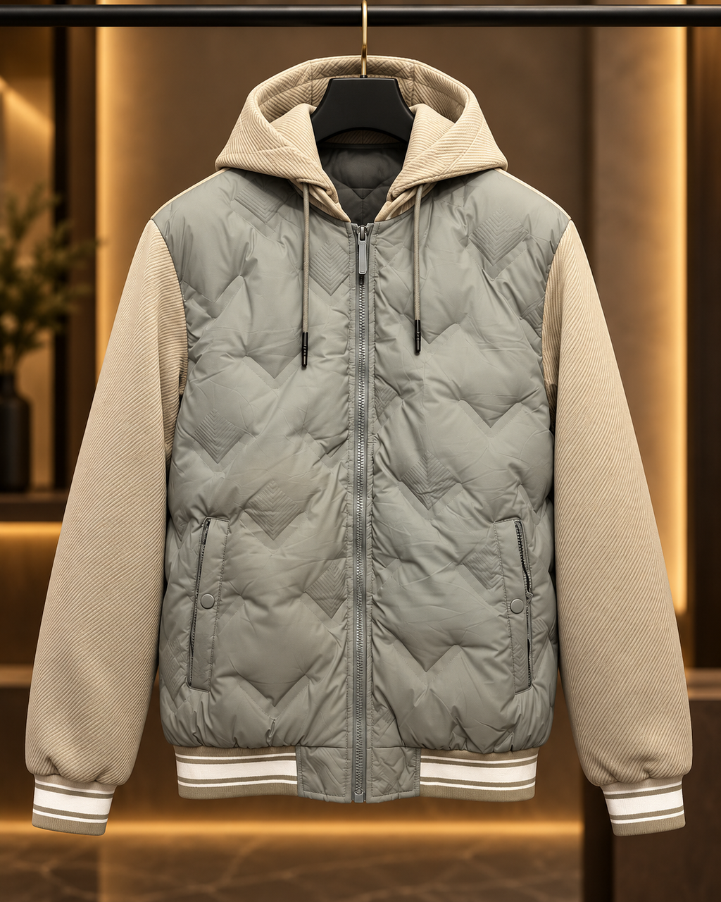Men’s Sage Grey & Beige Quilted Hooded Jacket