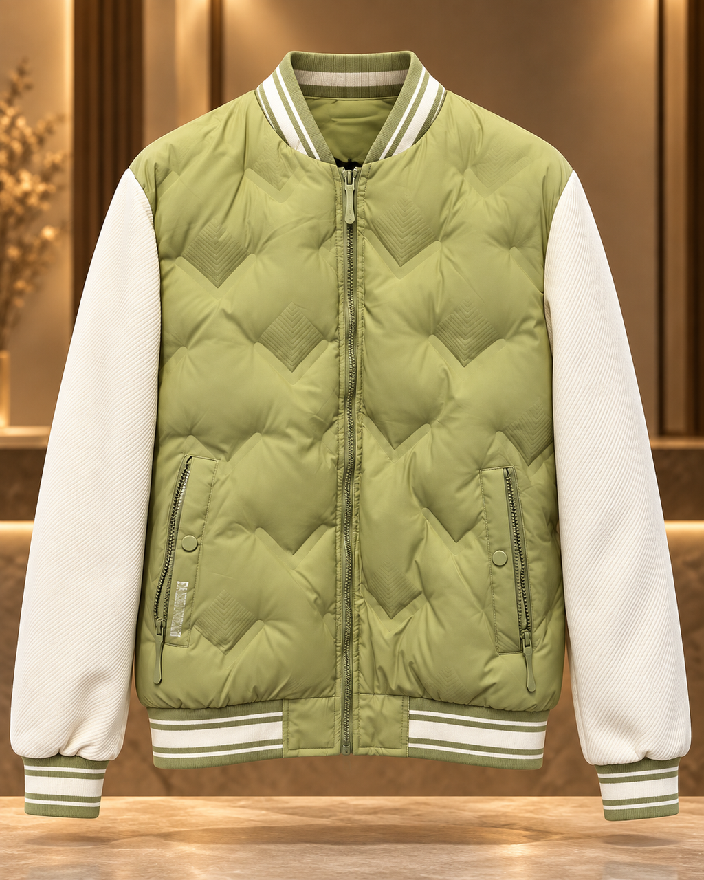 Men’s Sage Green & Cream Quilted Bomber Jacket