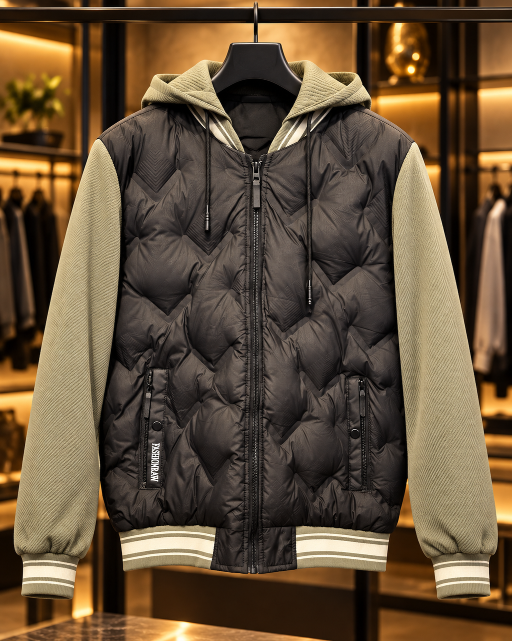Men’s Charcoal & Sage Quilted Hooded Bomber Jacket