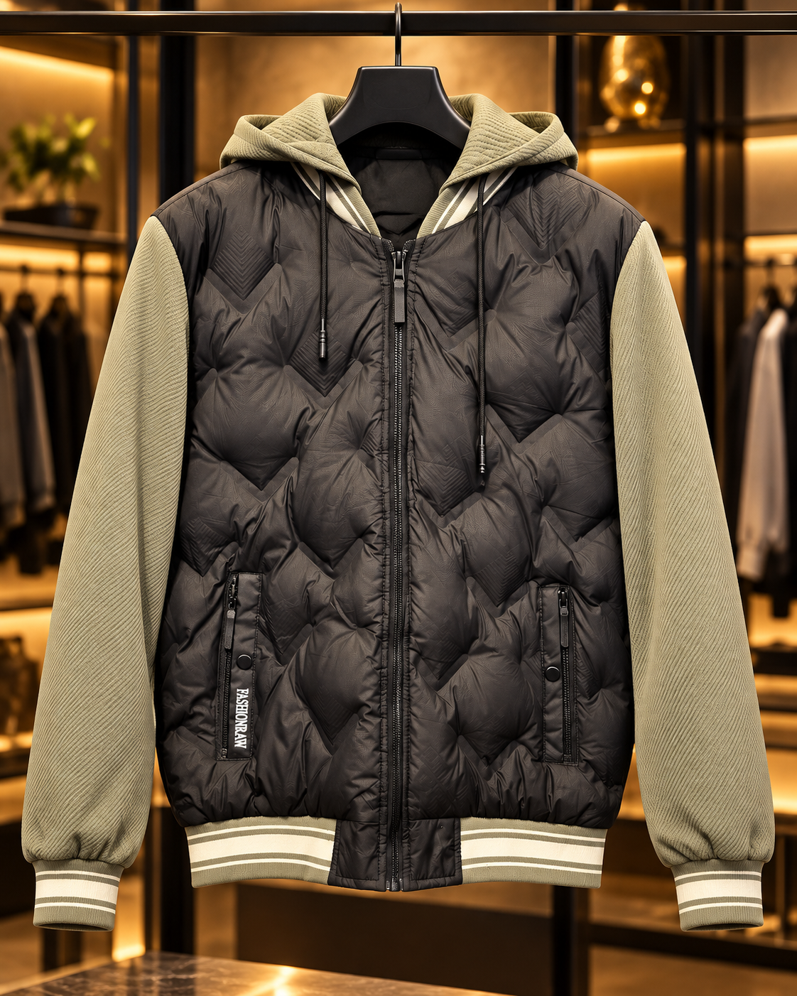 Men’s Charcoal & Sage Quilted Hooded Bomber Jacket