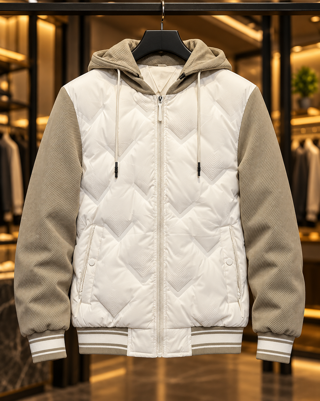 Men’s Cream & Taupe Quilted Hooded Bomber Jacket