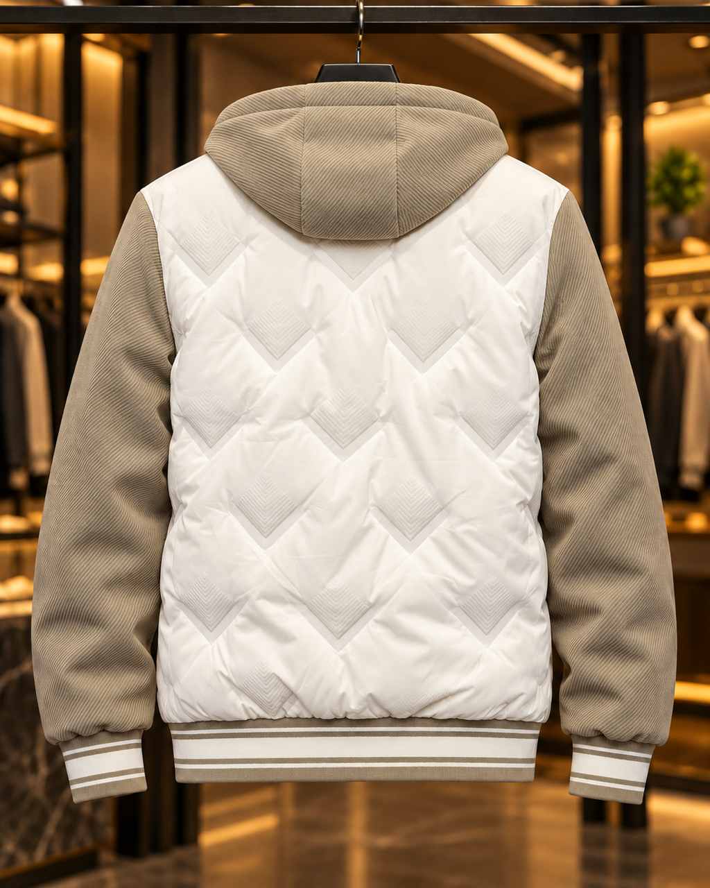Men’s Cream & Taupe Quilted Hooded Bomber Jacket