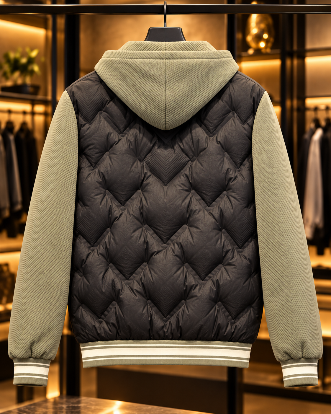 Men’s Charcoal & Sage Quilted Hooded Bomber Jacket