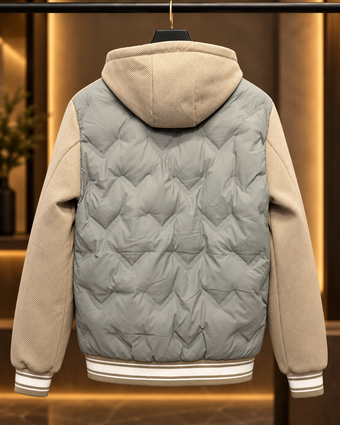 Men’s Sage Grey & Beige Quilted Hooded Jacket