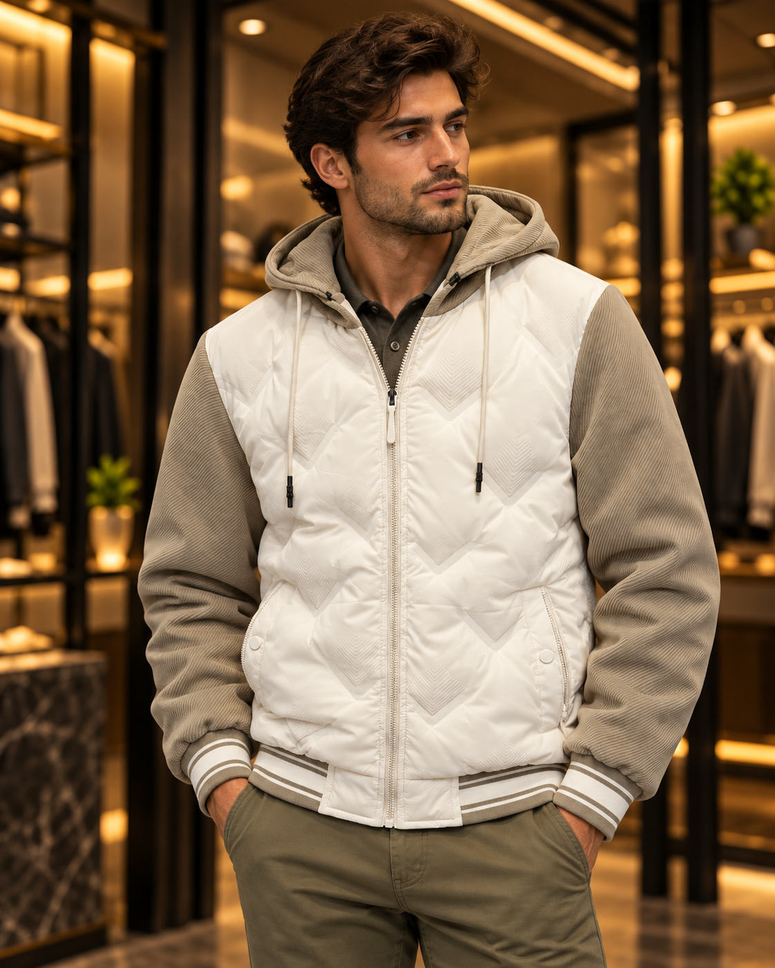 Men’s Cream & Taupe Quilted Hooded Bomber Jacket