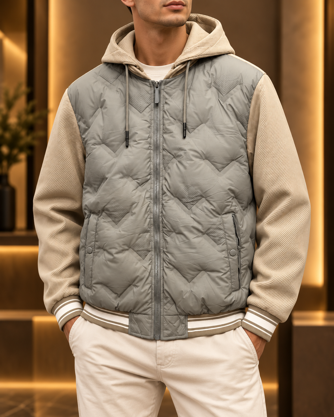 Men’s Sage Grey & Beige Quilted Hooded Jacket