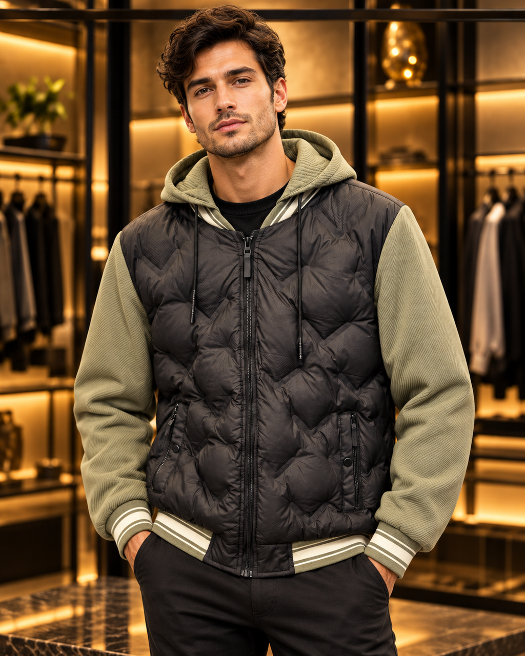 Men’s Charcoal & Sage Quilted Hooded Bomber Jacket