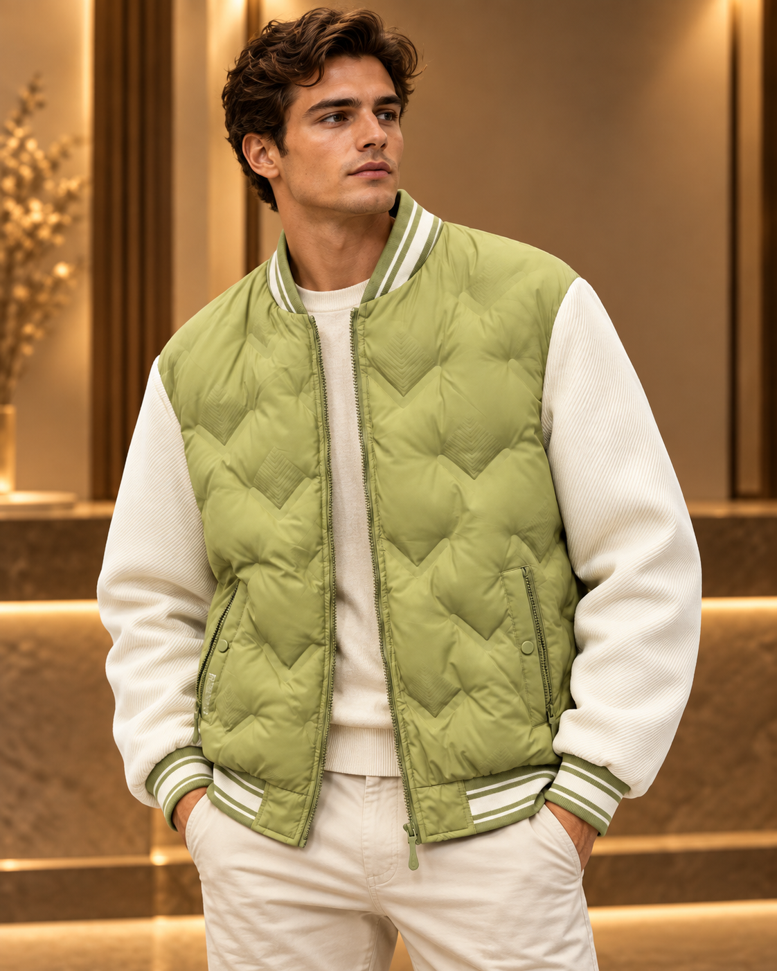 Men’s Sage Green & Cream Quilted Bomber Jacket