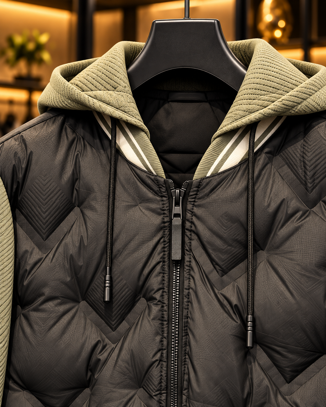 Men’s Charcoal & Sage Quilted Hooded Bomber Jacket