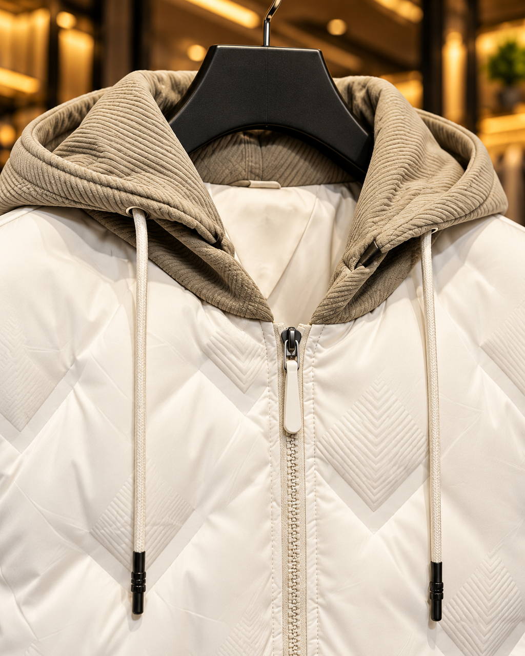 Men’s Cream & Taupe Quilted Hooded Bomber Jacket