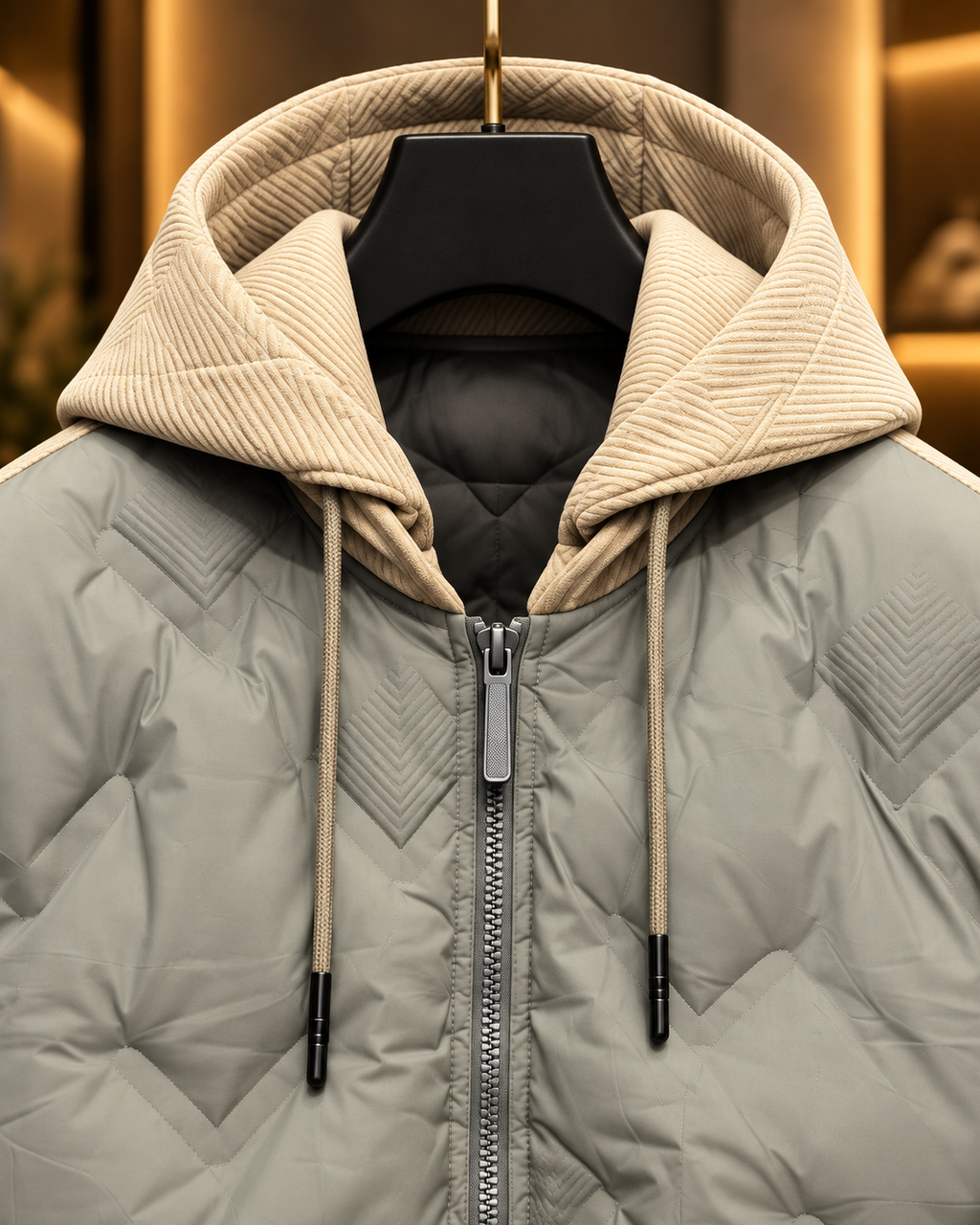 Men’s Sage Grey & Beige Quilted Hooded Jacket
