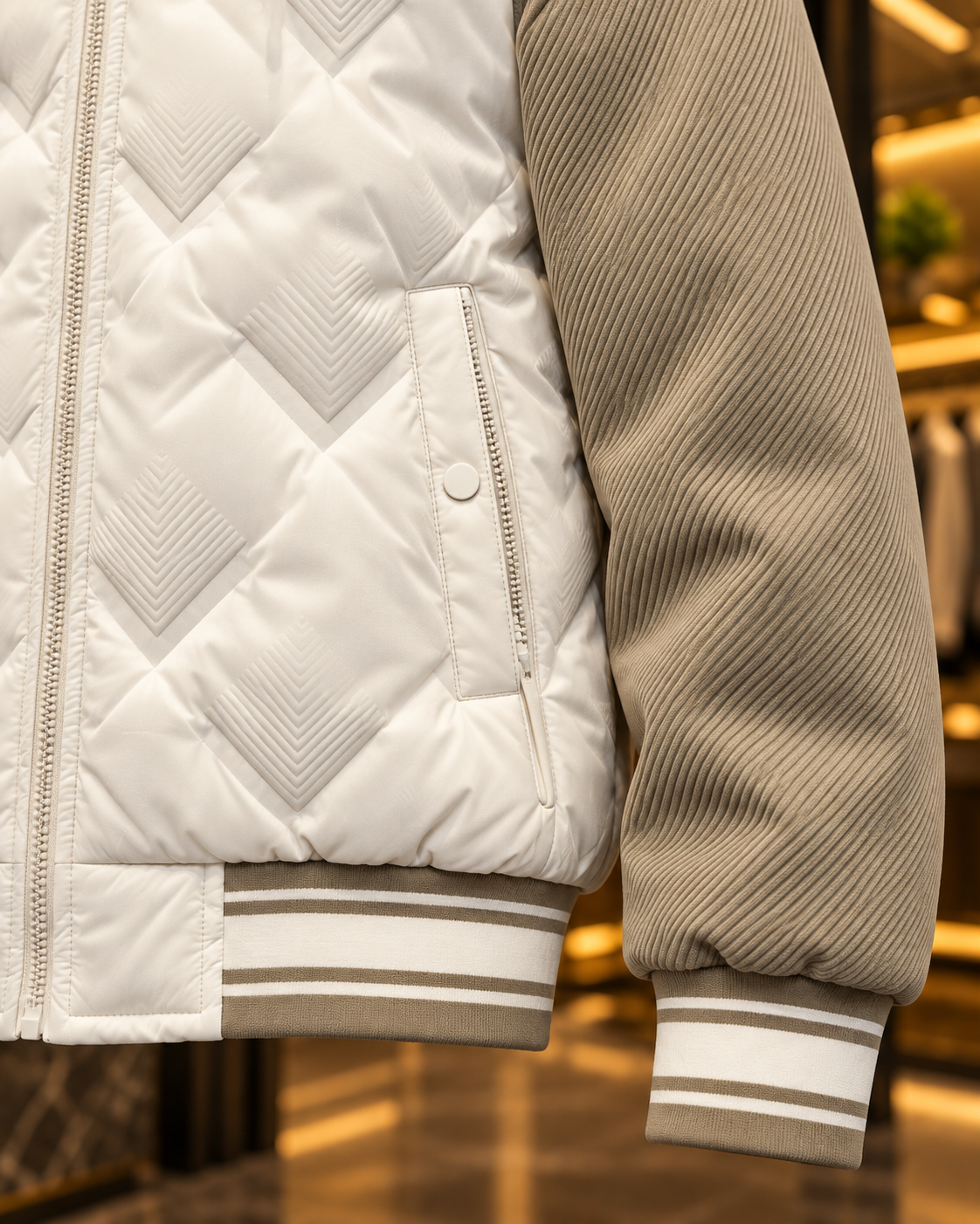 Men’s Cream & Taupe Quilted Hooded Bomber Jacket