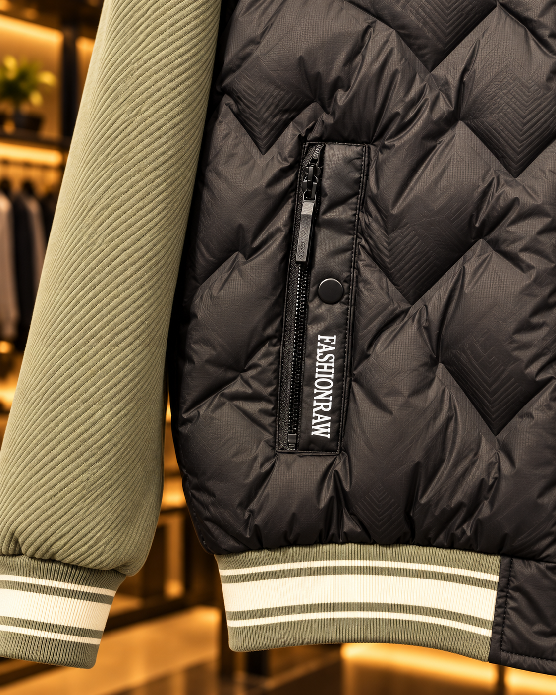 Men’s Charcoal & Sage Quilted Hooded Bomber Jacket