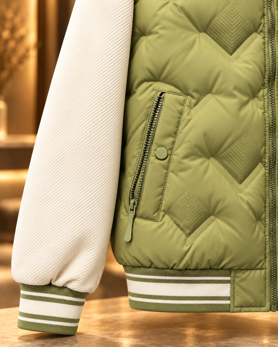 Men’s Sage Green & Cream Quilted Bomber Jacket
