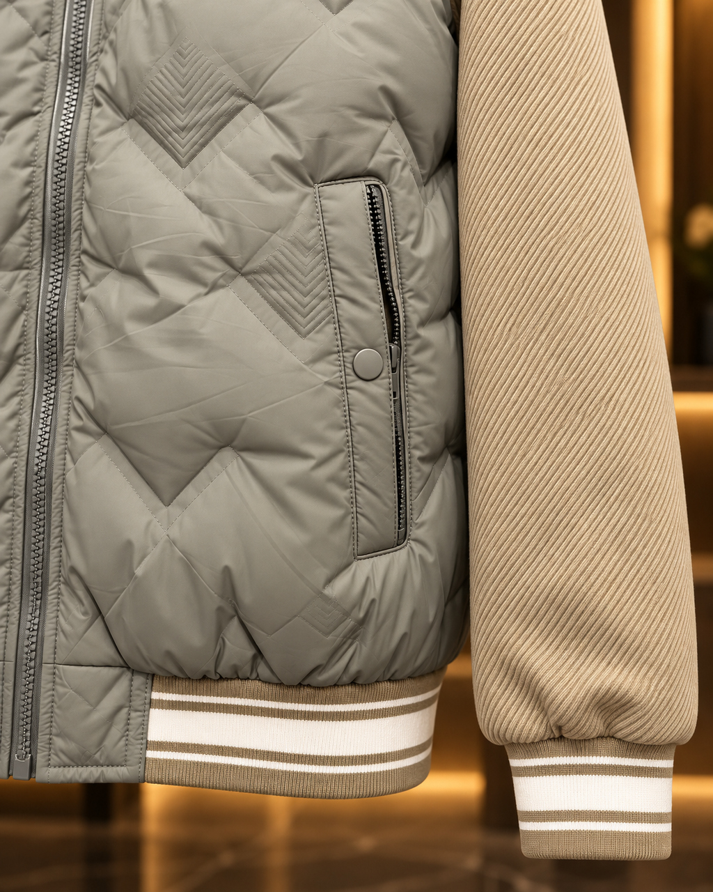 Men’s Sage Grey & Beige Quilted Hooded Jacket