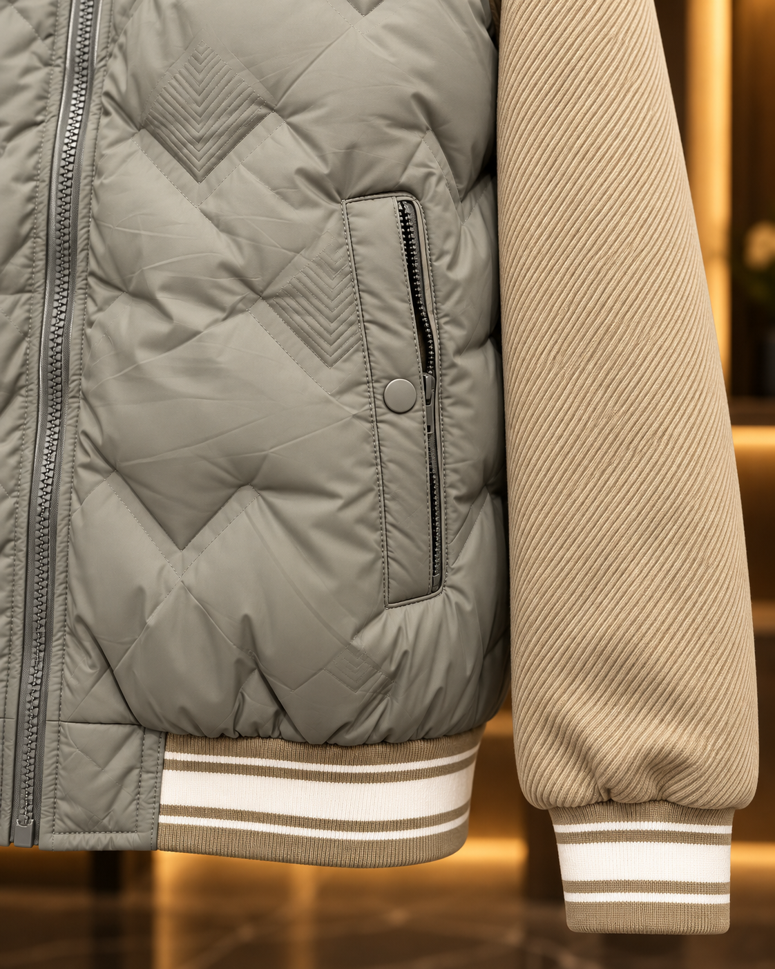 Men’s Sage Grey & Beige Quilted Hooded Jacket