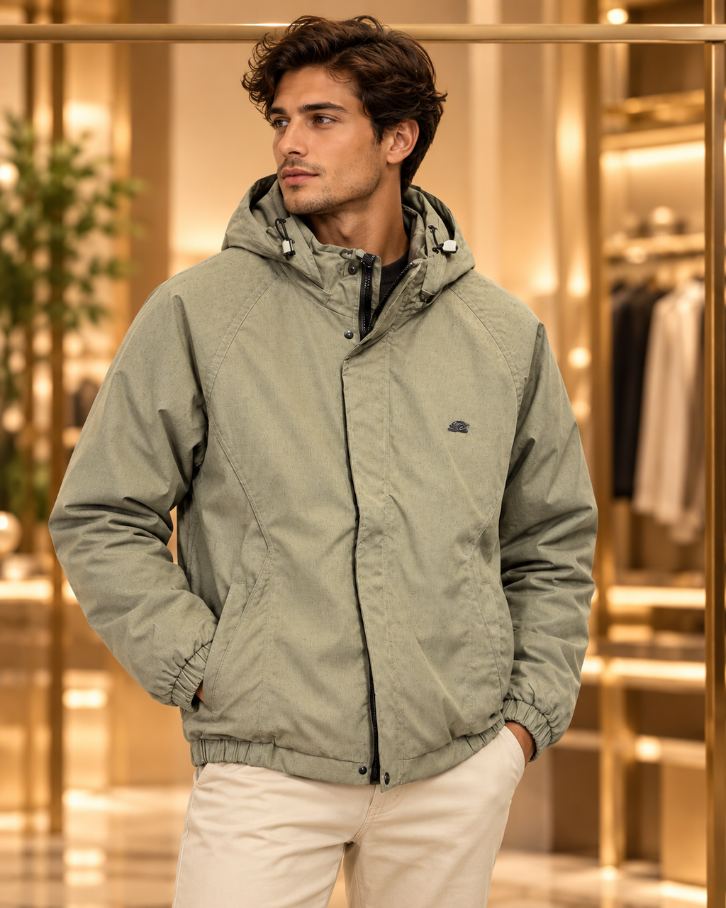Men’s Sage Khaki Hooded Casual Jacket