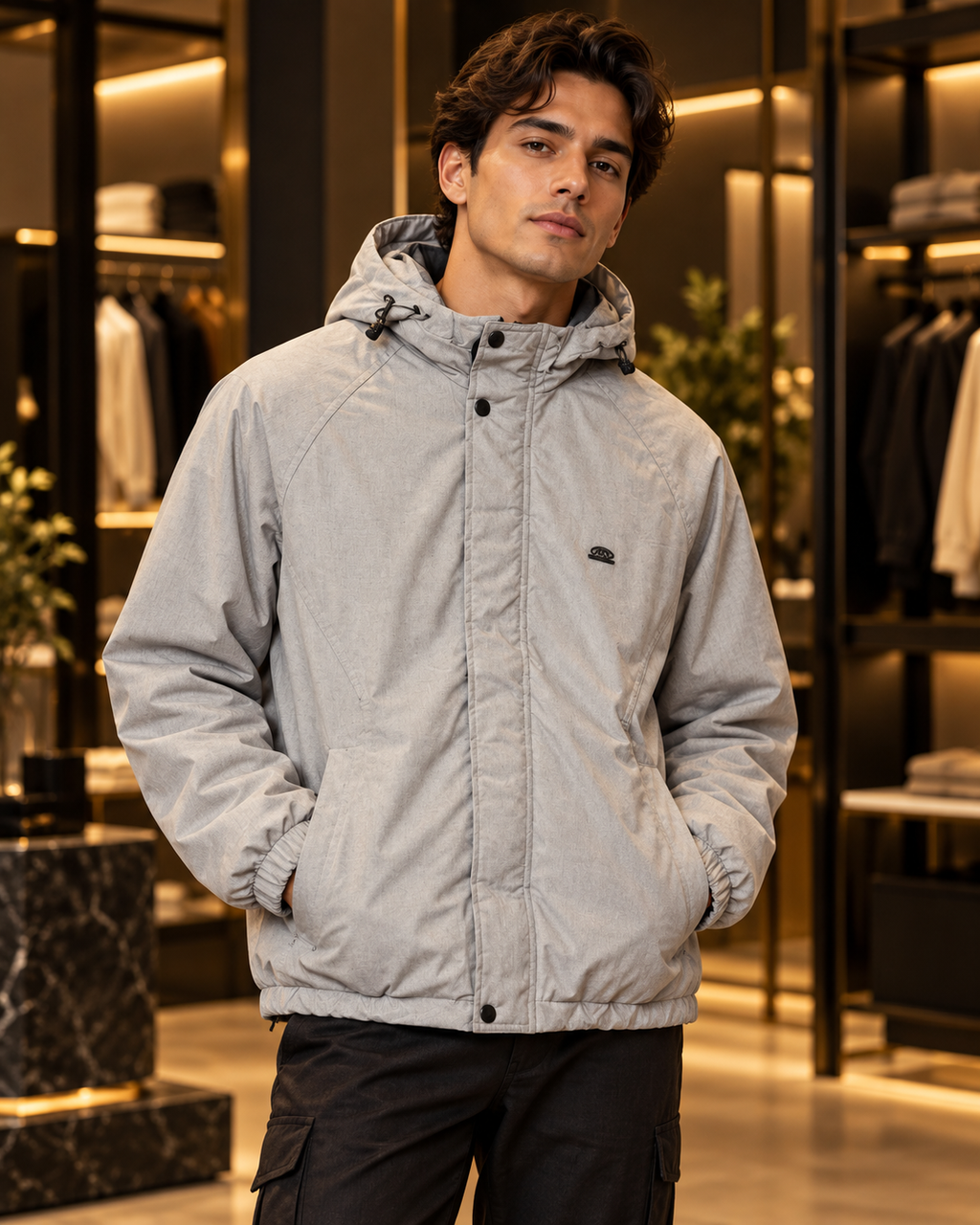 Men’s Light Grey Hooded Casual Jacket