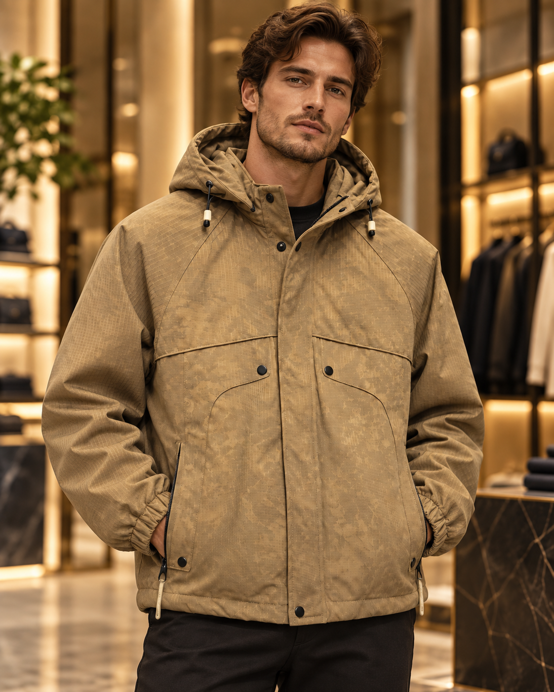 Men’s Camel Brown Hooded Utility Jacket