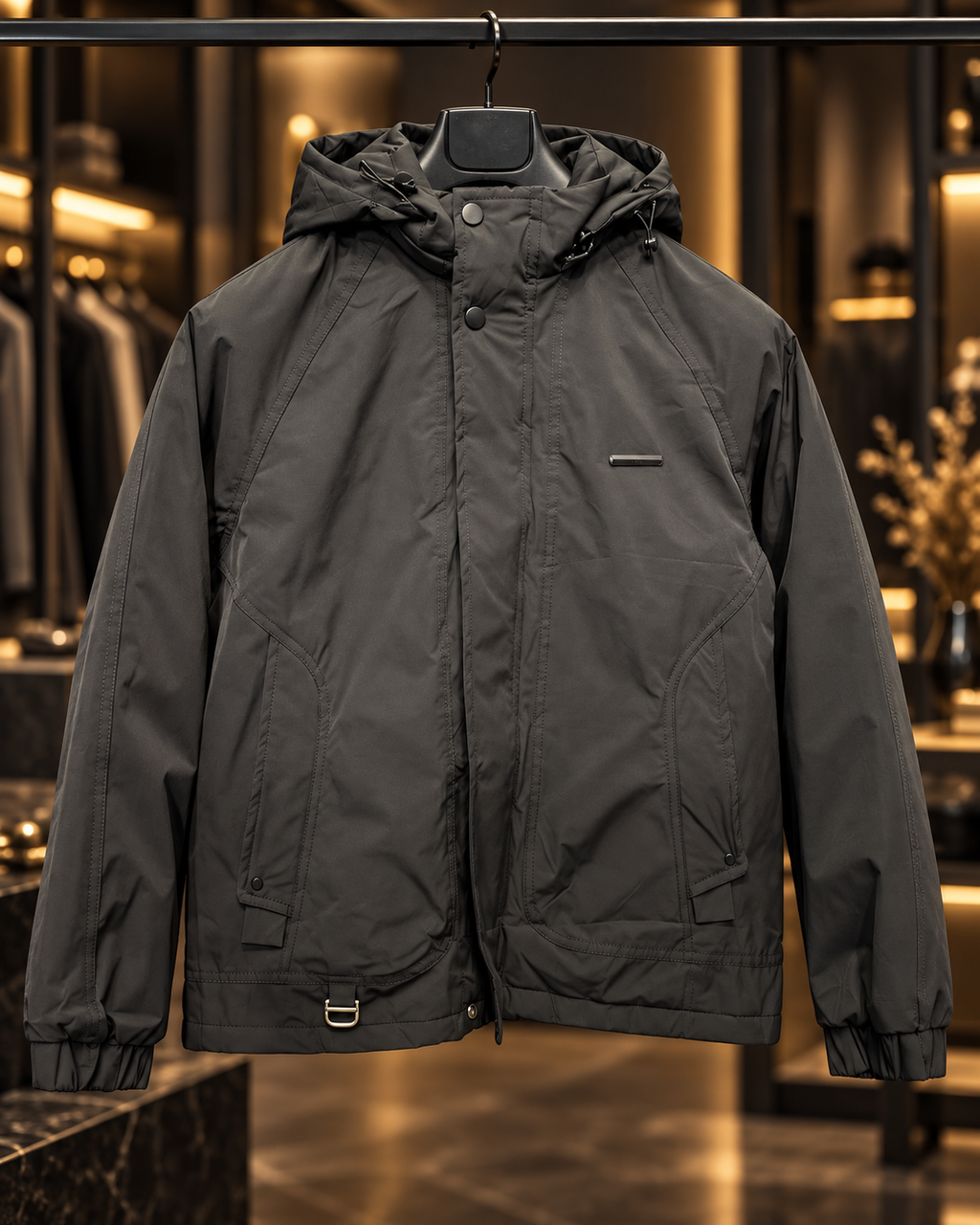 Men’s Black Hooded Casual Utility Jacket