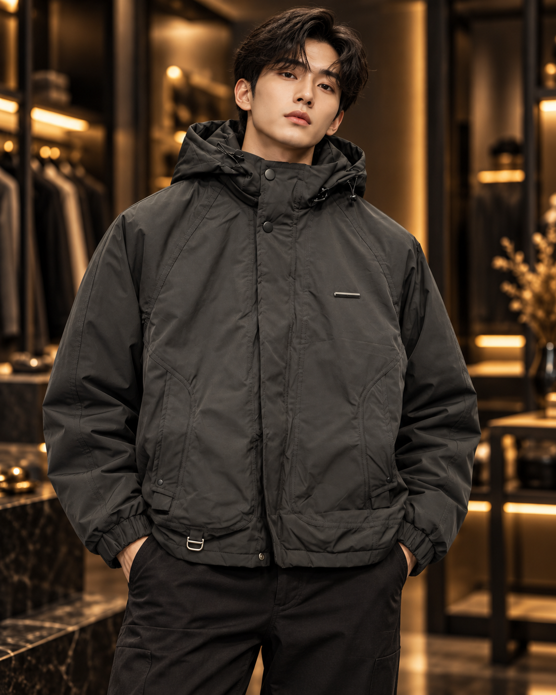 Men’s Black Hooded Casual Utility Jacket