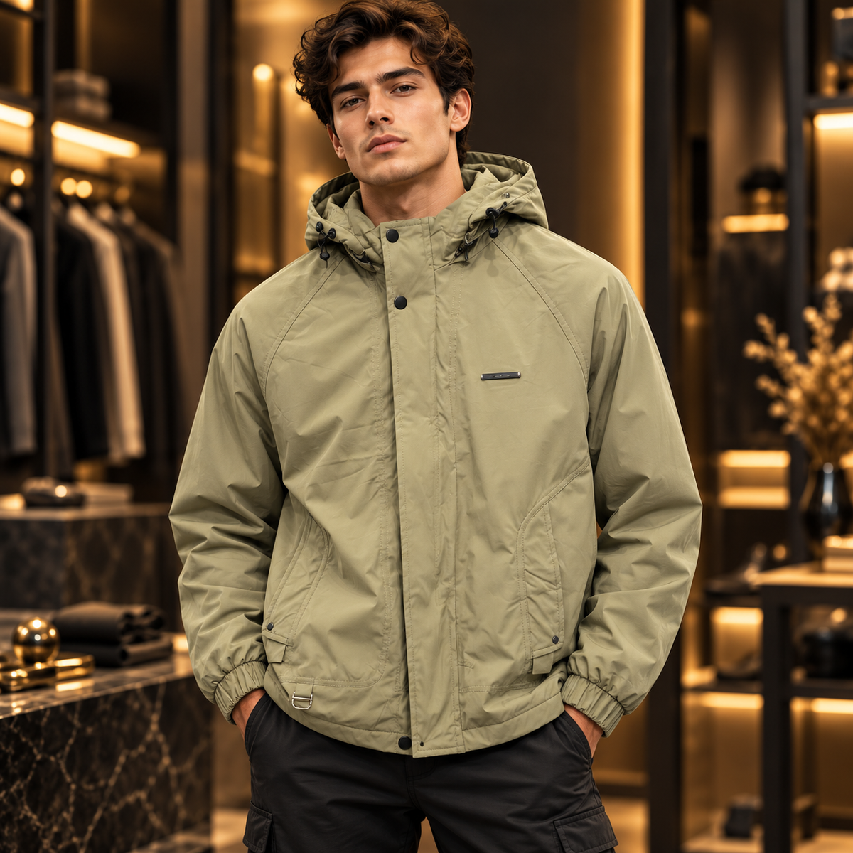 Men’s Olive Green Hooded Casual Utility Jacket