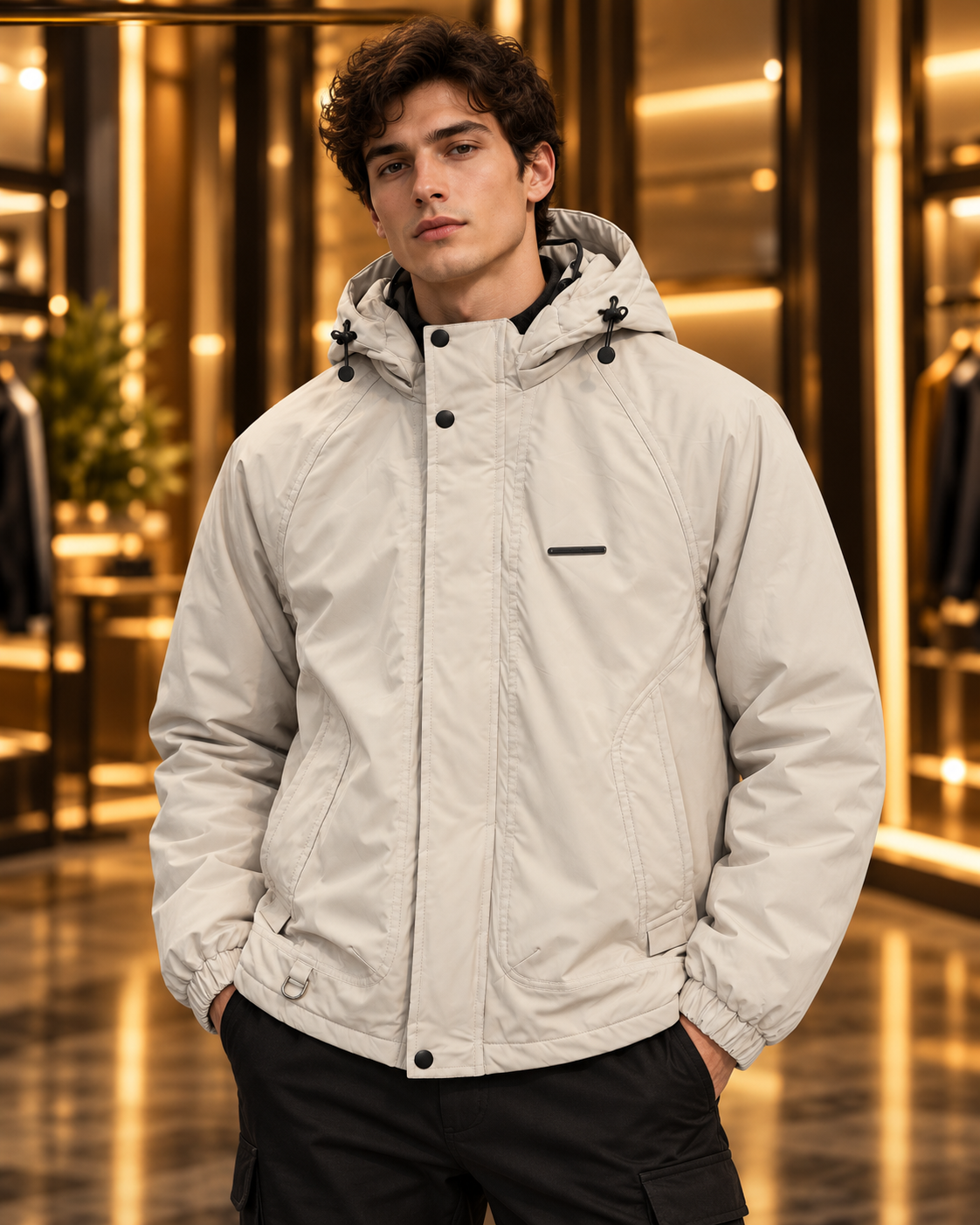 Men’s Stone Beige Hooded Casual Jacket