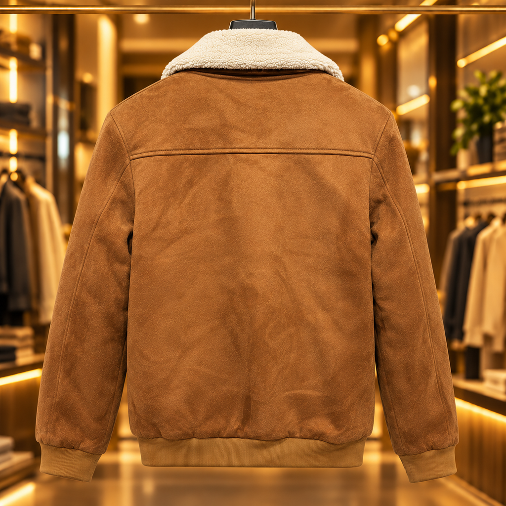 Men’s Cognac Brown Sherpa Collar Suede-Look Jacket