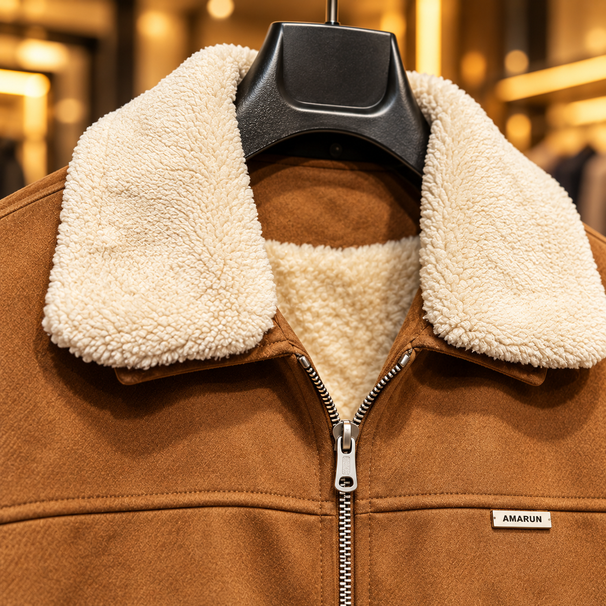 Men’s Cognac Brown Sherpa Collar Suede-Look Jacket